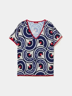 Blusa decote em V com padrão geométrico