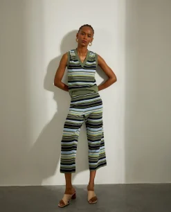 Calças de malha curtas às riscas