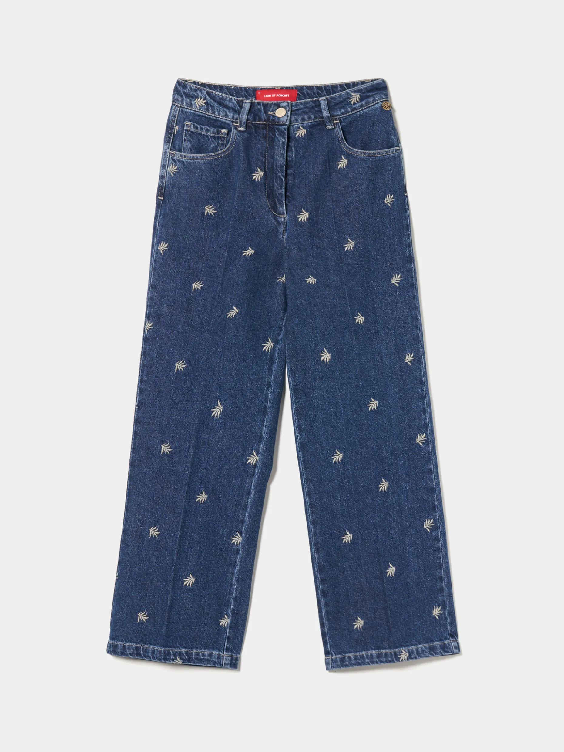 Calças denim wide leg com bordados
