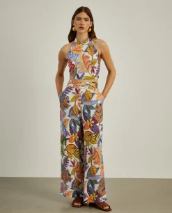 Calças pantalona com padrão colorido