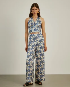 Calças pantalona com padrão de palmeiras