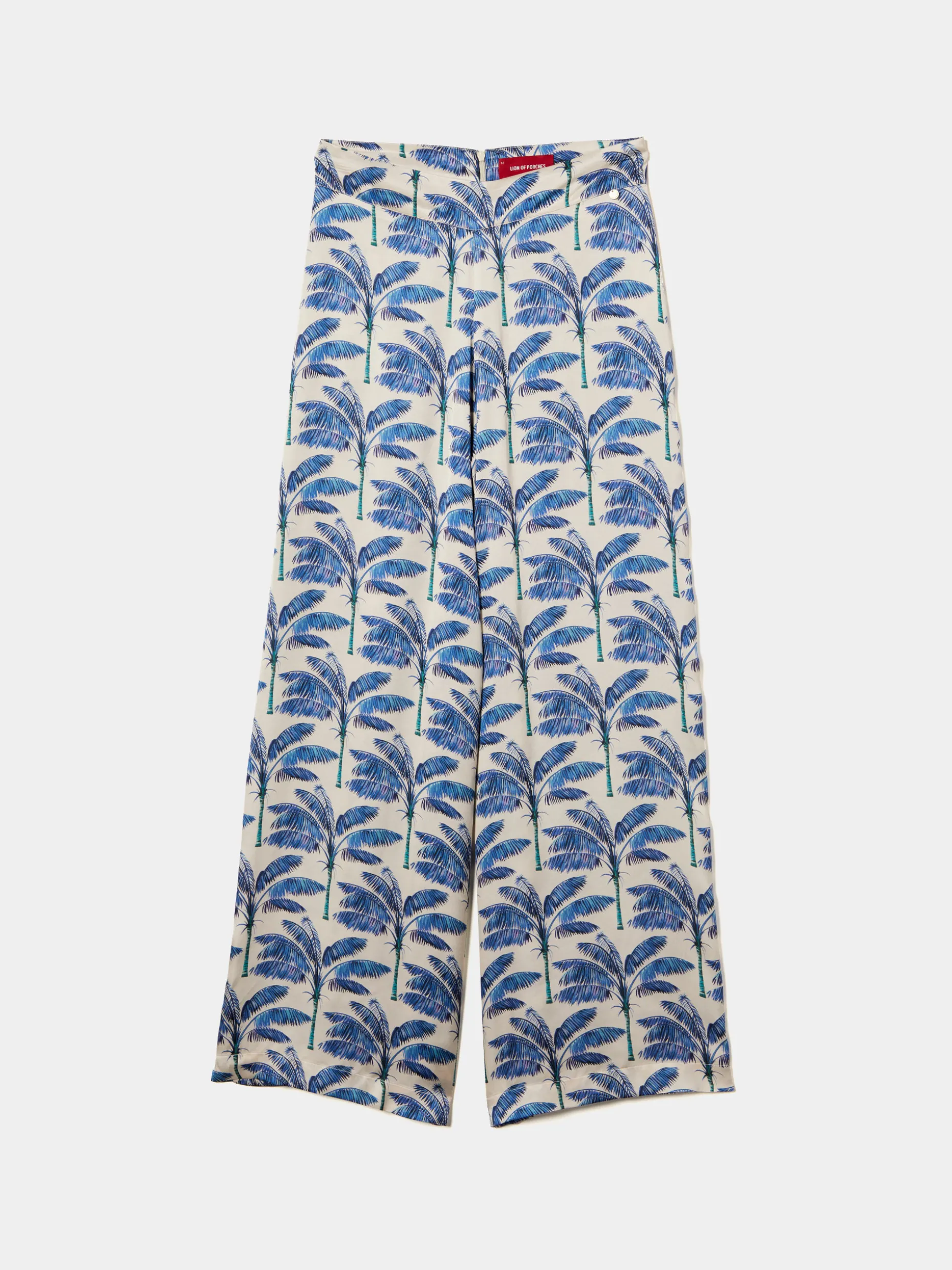 Calças pantalona com padrão de palmeiras