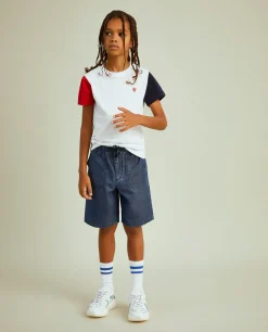 Calções denim com elástico e cordão na cintura