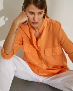 Camisa para mulher comprida em linho com colarinho mandarim