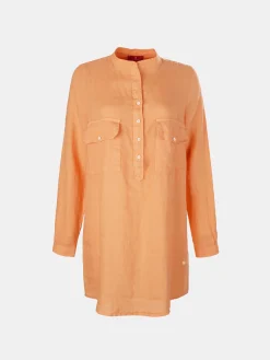 Camisa para mulher comprida em linho com colarinho mandarim