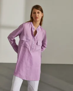 Camisa para mulher comprida em linho com colarinho mandarim