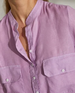 Camisa para mulher comprida em linho com colarinho mandarim