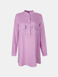 Camisa para mulher comprida em linho com colarinho mandarim