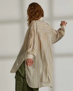 Camisa para mulher de algodão comprida com padrão de riscas