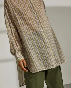 Camisa para mulher de algodão comprida com padrão de riscas