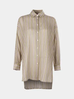 Camisa para mulher de algodão comprida com padrão de riscas