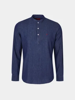 Camisa slim fit denim com carcela de polo