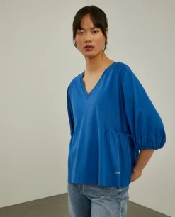 Camisola decote em V com manga abalonada