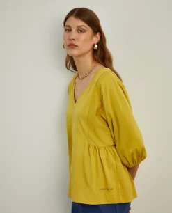 Camisola decote em V com manga abalonada