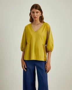 Camisola decote em V com manga abalonada