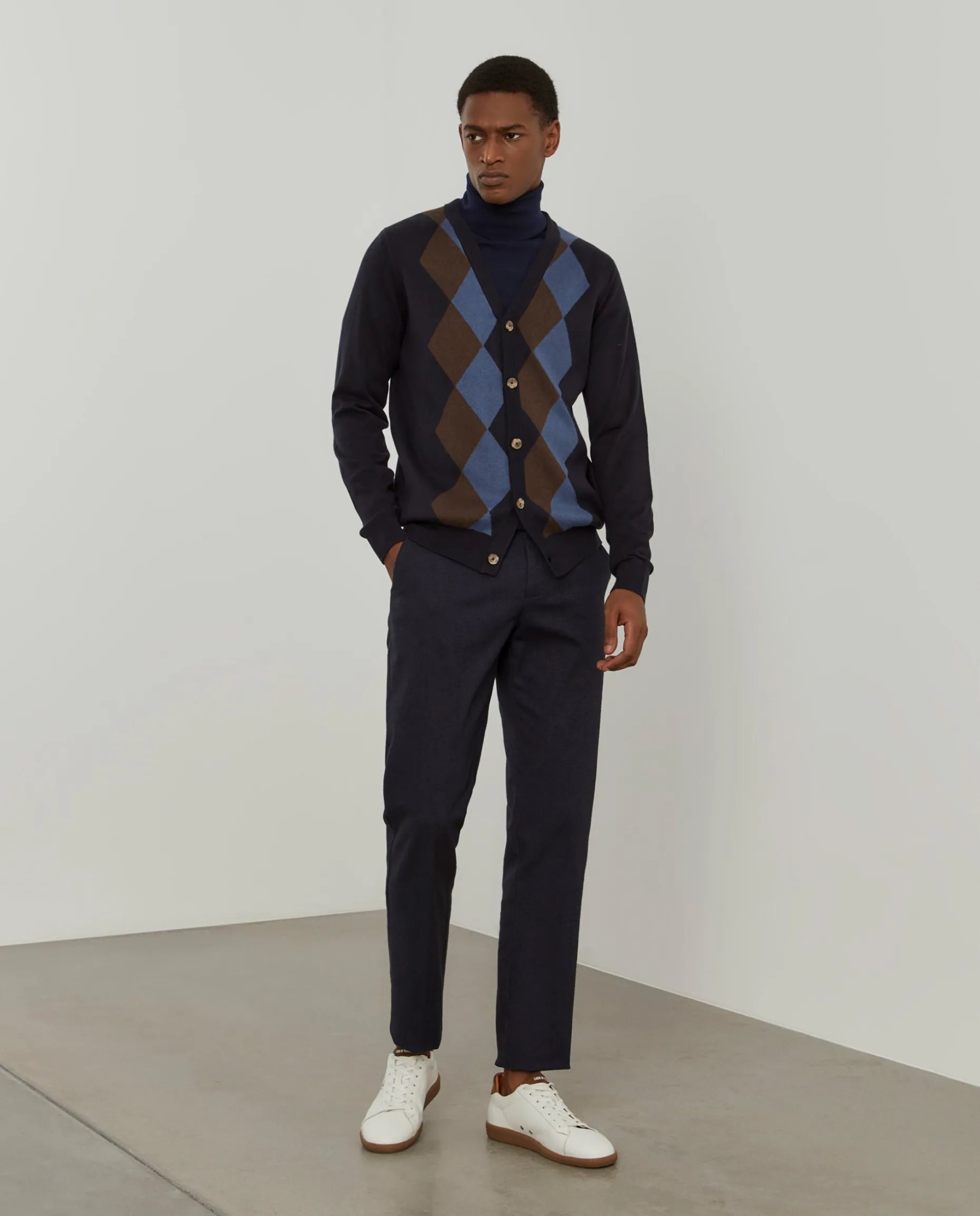 Casaco de malha com losangos em algodão e caxemira