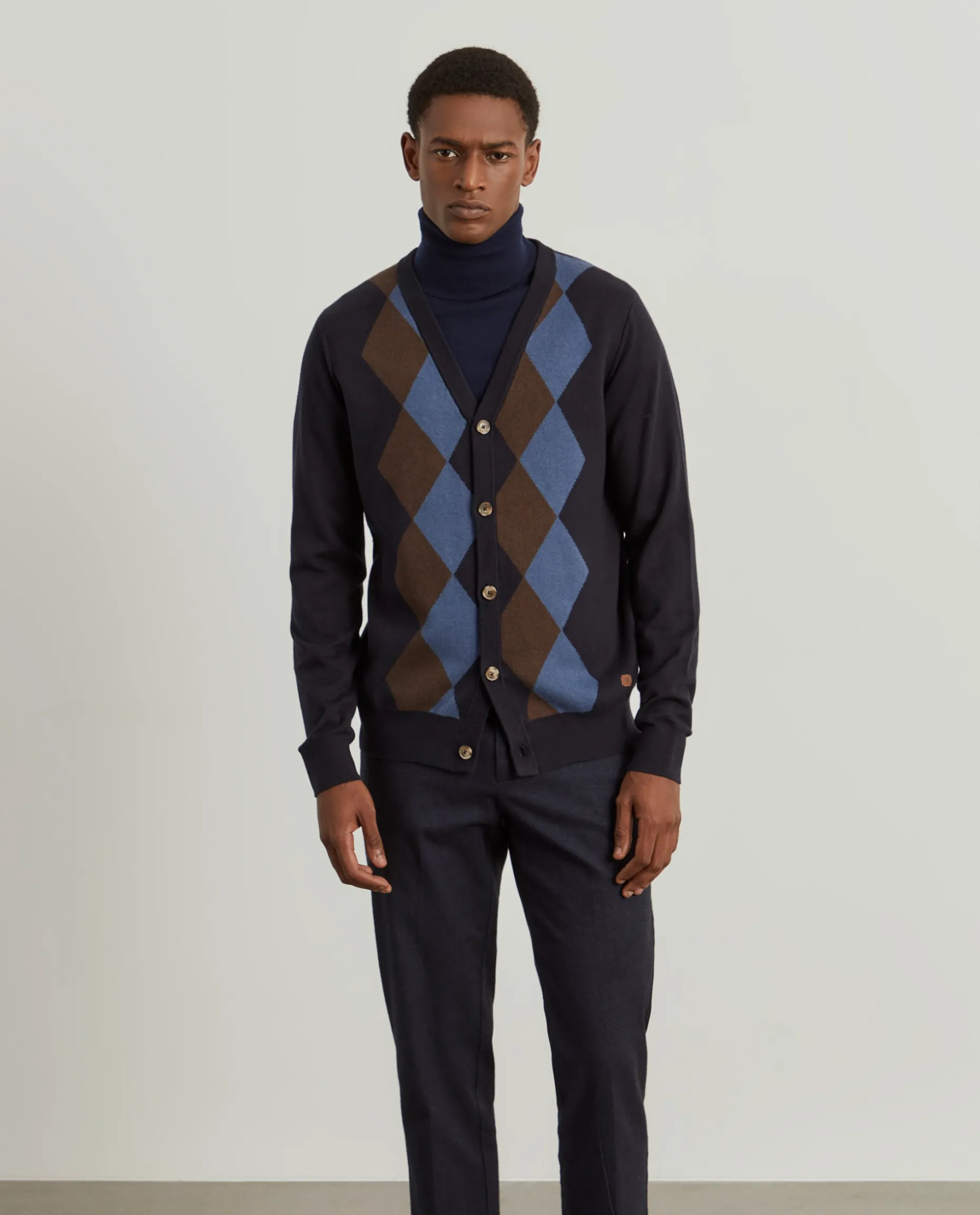 Casaco de malha com losangos em algodão e caxemira