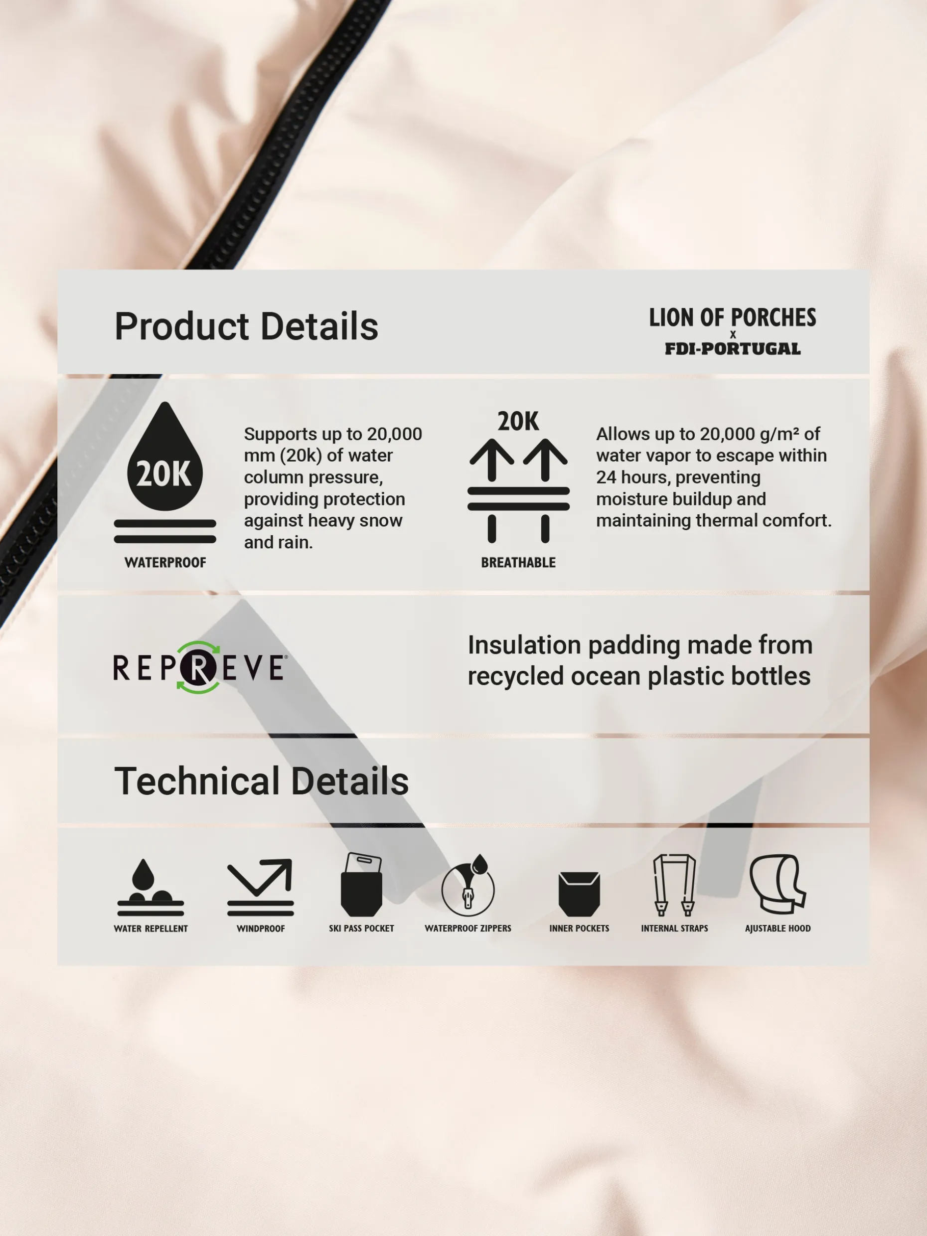 Casaco unissexo acolchoado ski resistente à água 20k