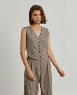 Colete curto pied de poule com bolsos