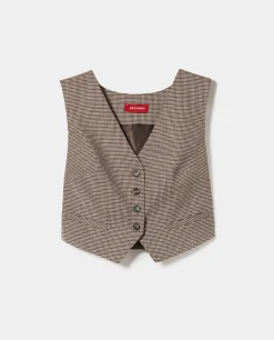 Colete curto pied de poule com bolsos