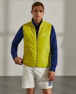 Colete reversível em tecido técnico com bolsos e fecho frontal