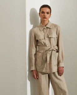 Overshirt para mulher de linho com cinto e bolsos