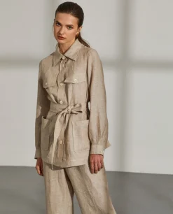 Overshirt para mulher de linho com cinto e bolsos