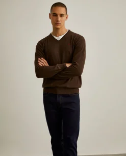 Pullover decote em V de algodão e caxemira