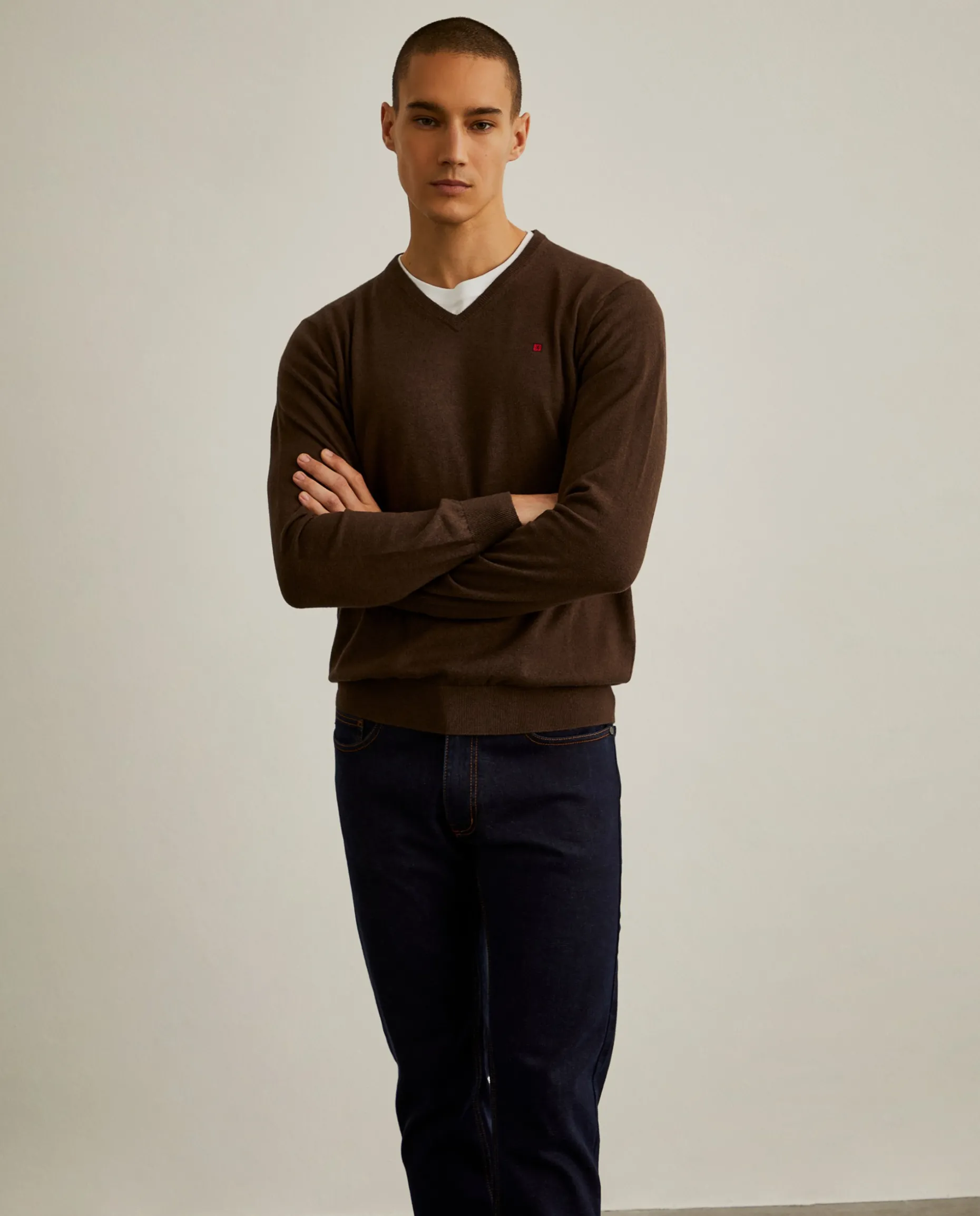 Pullover decote em V de algodão e caxemira