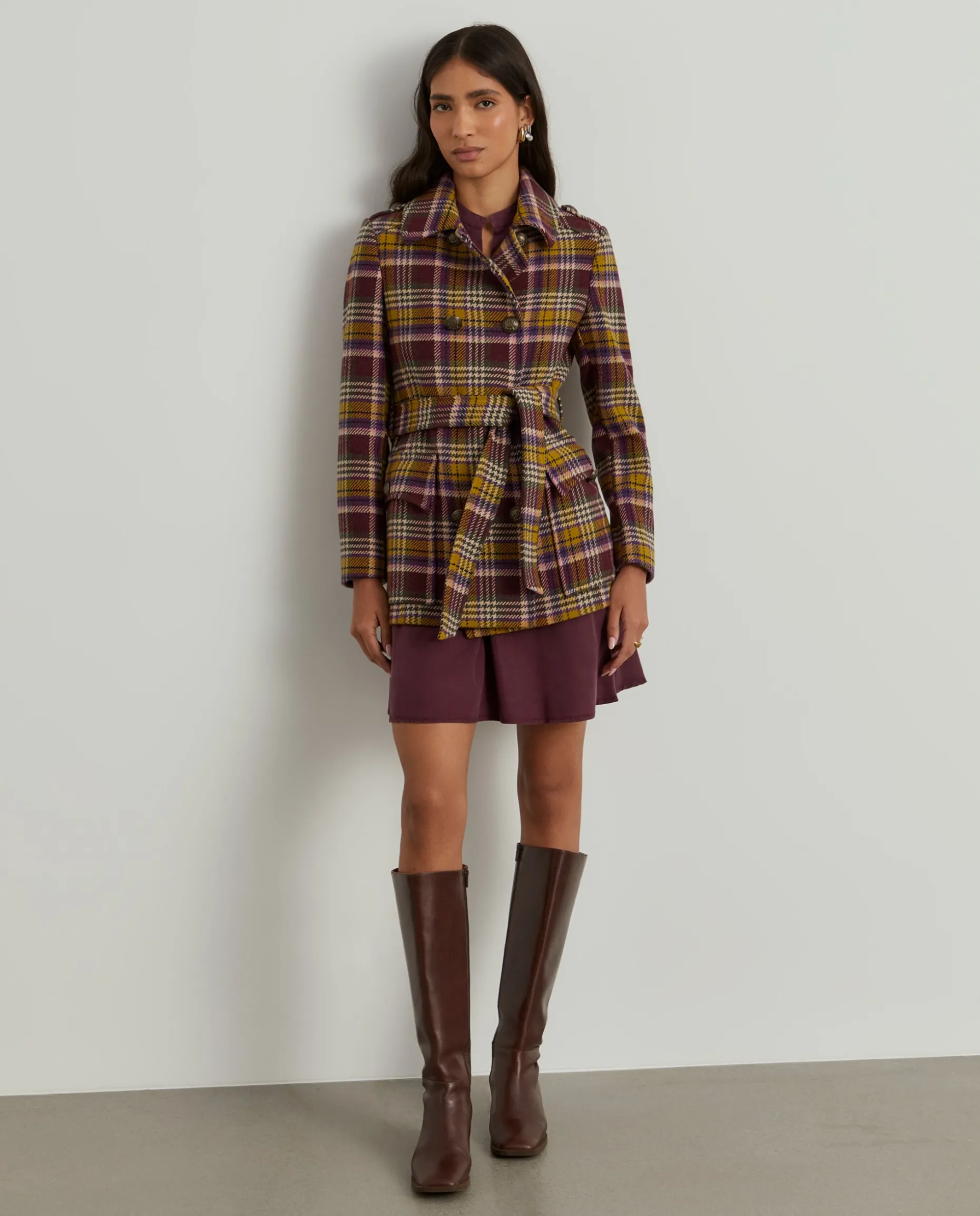 Sobretudo curto pied de poule com cinto