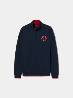 Sweater com fecho e riscas em contraste