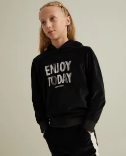 Sweater veludo com capuz e mensagem