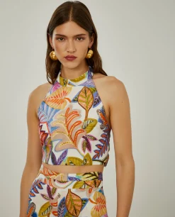 Top halter com padrão tropical