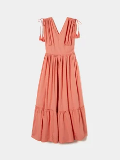 Vestido comprido com folhos e alças ajustáveis