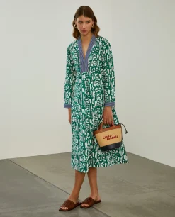 Vestido de linho e algodão com estampado abstrato