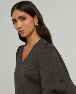 Vestido de malha manga comprida com tachas