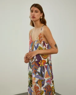 Vestido fluido de alças com padrão colorido