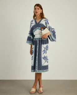 Vestido midi com padrão de palmeiras