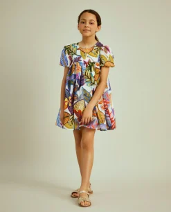 Vestido padrão tropical manga abalonada