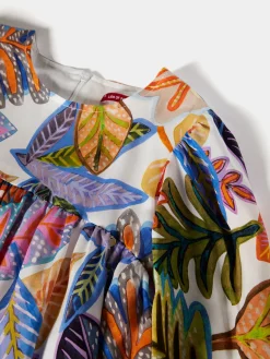 Vestido padrão tropical manga abalonada